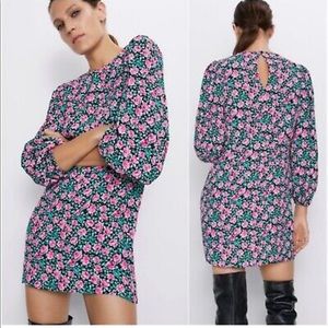 NWT Zara Vintage Inspired Floral Puff Sleeve Mini Sheath Dress Women's Size XS